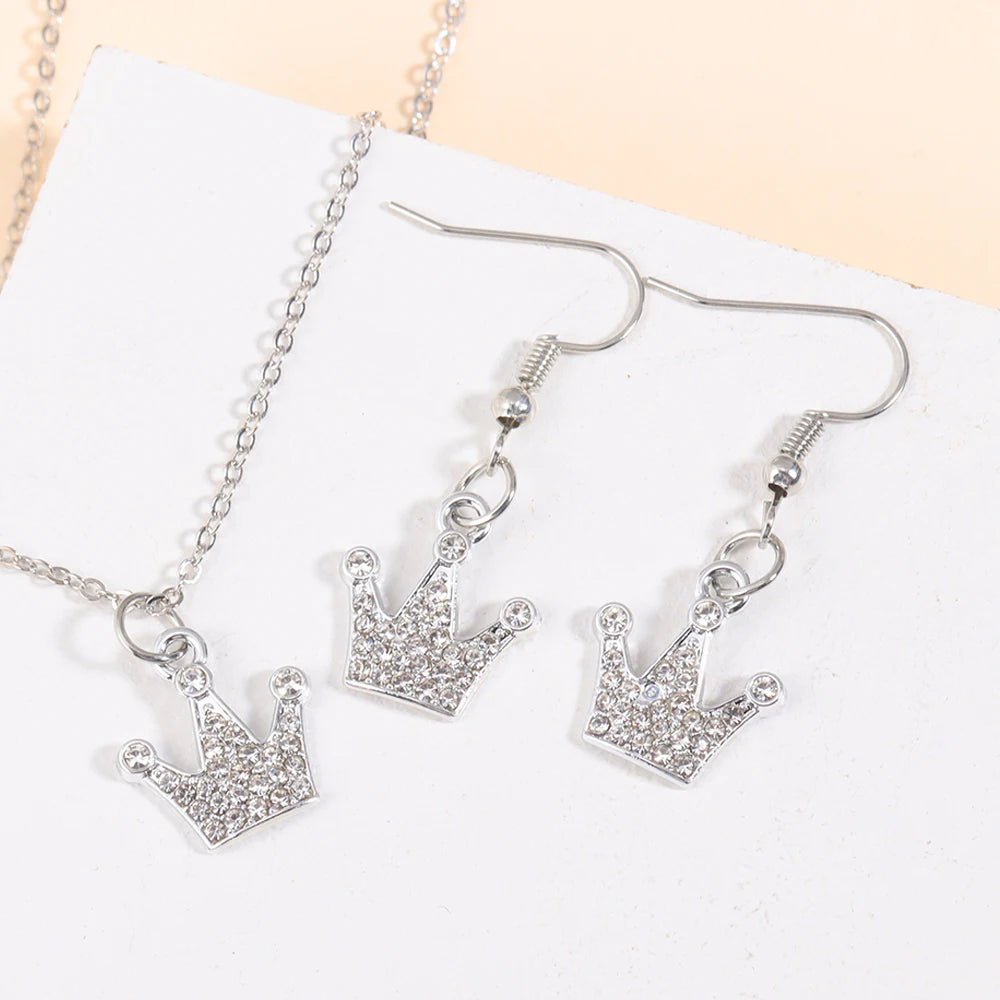 Gold/Silver Color Jewelry Set Luxury Shining Zircon Bear Crown Planet Earrings Necklace Sets For Party Anniversary Exquisite Gif