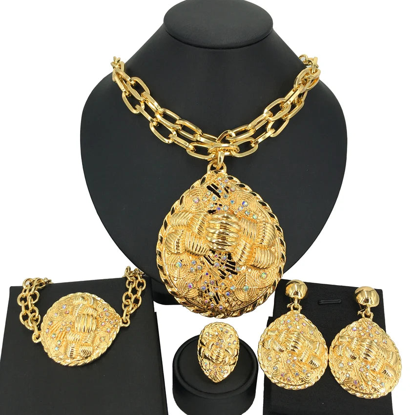 High Quality Big Pendants Newest Dubai Gold Plated Jewelry Set Women's Exquisite Wedding Banquet Dating Jewelry Set FHK14092