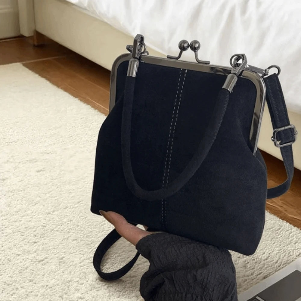 Large Capacity Retro Frosted Handbag Kiss Lock Short Handle Leather Crossbody Bag PU Clip Closure Clutch Shoulder Bag