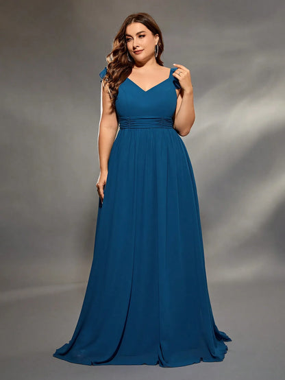 Mgiacy plus size  V-neck double layer lotus sleeve chiffon full skirt Evening gown Ball dress Party dress Bridesmaid dress