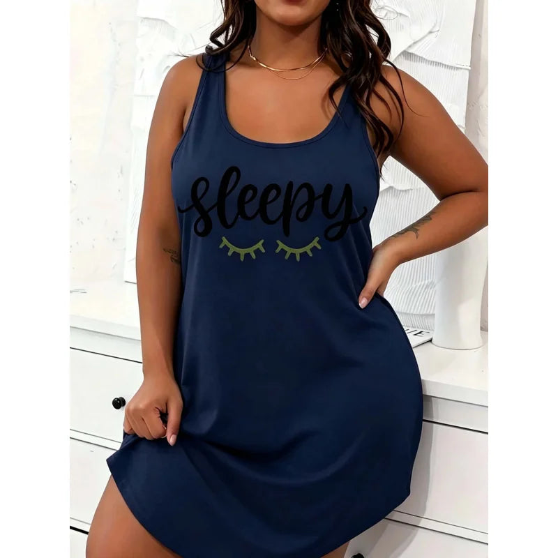 Plus-Size Women's Casual Sleepwear, Letter-Print Round Neck Curved Hem Straight Sleep Dress, Plus-Size Summer Cool Home Clothing