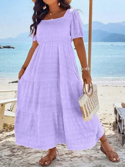 Plus Size 1XL-5XL New Women's Fashionable Square Neck Solid Color Dress Ladies Casual A-line Skirt Short Sleeved Long Dress