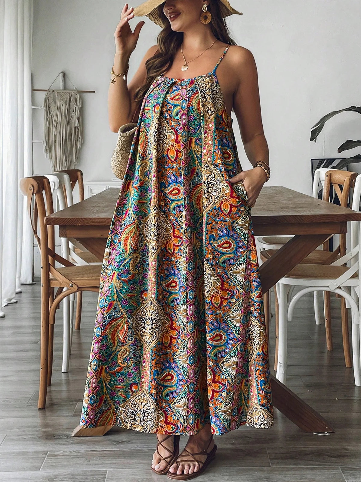 Plus Size Floral Paisley Maxi Dress Flowy Beachy Boho Vacation Gown Summer Dress