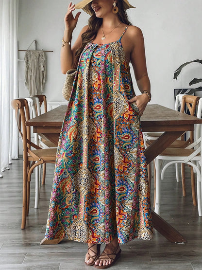 Plus Size Floral Paisley Maxi Dress Flowy Beachy Boho Vacation Gown Summer Dress