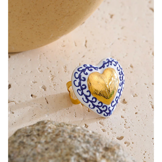 Yhpup Exclusive Stainless Steel Metal Heart Love Adjustable Ring 18K Gold Color PVD Plated Charm Popular Finger Jewelry Gift