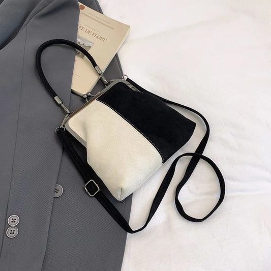 Large Capacity Retro Frosted Handbag Kiss Lock Short Handle Leather Crossbody Bag PU Clip Closure Clutch Shoulder Bag