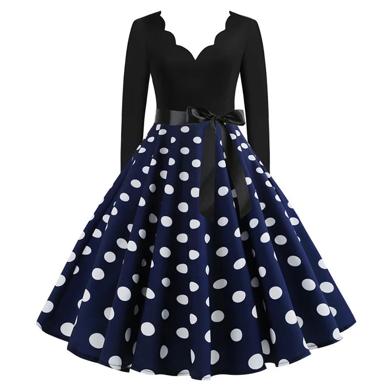 Plus Size Women Dress Vintage Long Sleeve Polka Dot Spring Autumn New Year Party Dresses 3XL Vestidos