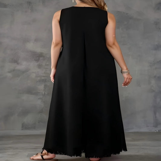 Plus Size Women's Black Sleeveless Loose Midi Dress - Casual Minimalist Comfort Style (0XL-4XL)