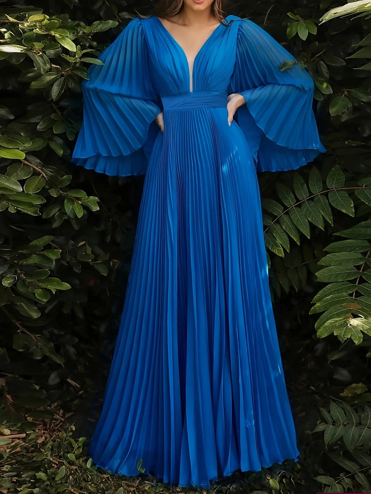 Plus Size Pleated Elegant Dress Female Solid V Neck Clothing Luxury Dinner Evening Long Robe 2025 Autumn Women Party Dress