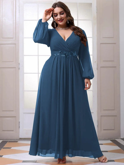 Plus Size Women V-Neck Long Sleeve Chiffon Dress Waistline Pleated Lantern Sleeve Decorated Bead Strip Long Gown Evening Dress
