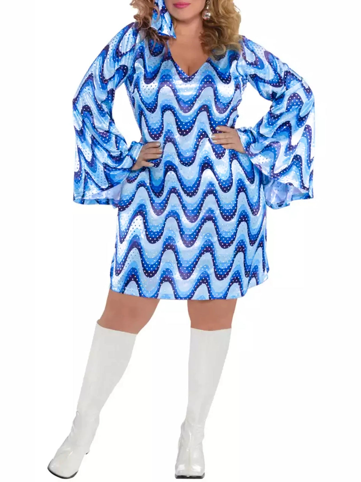 Plus Size 70s Floral Print Dress, Disco Party Mini with Bell Sleeves, Jazz Hippie A-Line Swing Dress for Women
