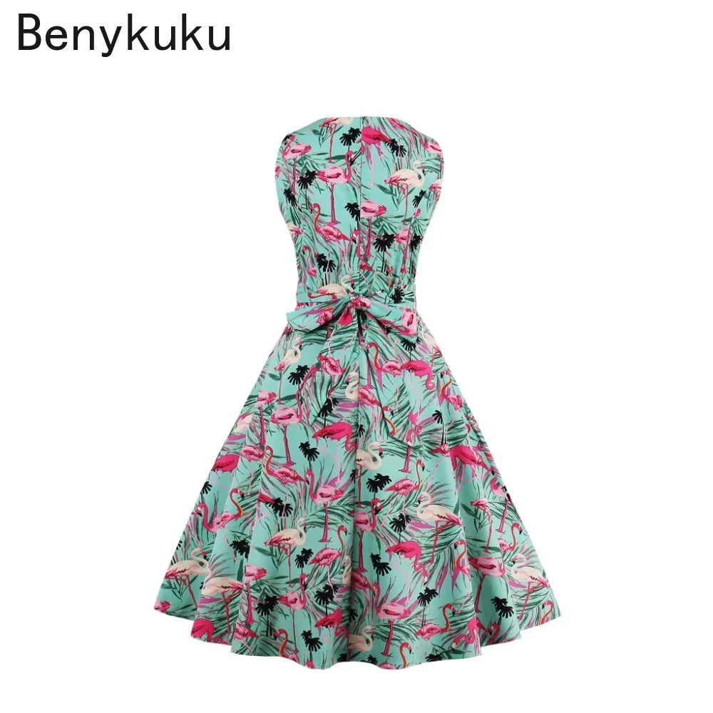 Plus Size Swan Flamingo Print Vintage Dress Women Casual Tunic Pin Up Robe 50s Rockabilly Summer Party Dresses Feminino Vestidos