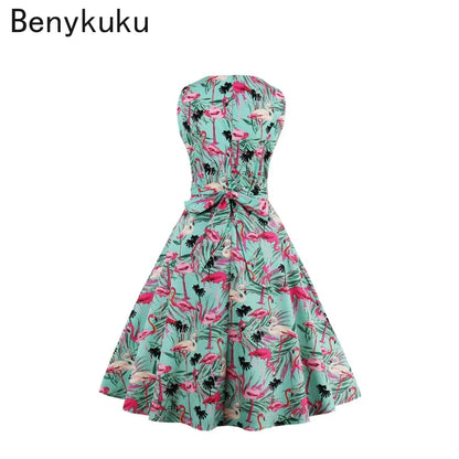Plus Size Swan Flamingo Print Vintage Dress Women Casual Tunic Pin Up Robe 50s Rockabilly Summer Party Dresses Feminino Vestidos