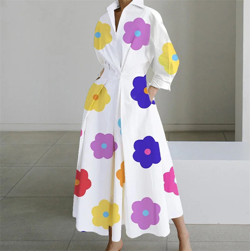 Plus Size Dress for Women Summer Elegant Lapel Oil Painting Button Shirt Dress Vestidos Casual 3/4 Sleeve Dress Party Vestido