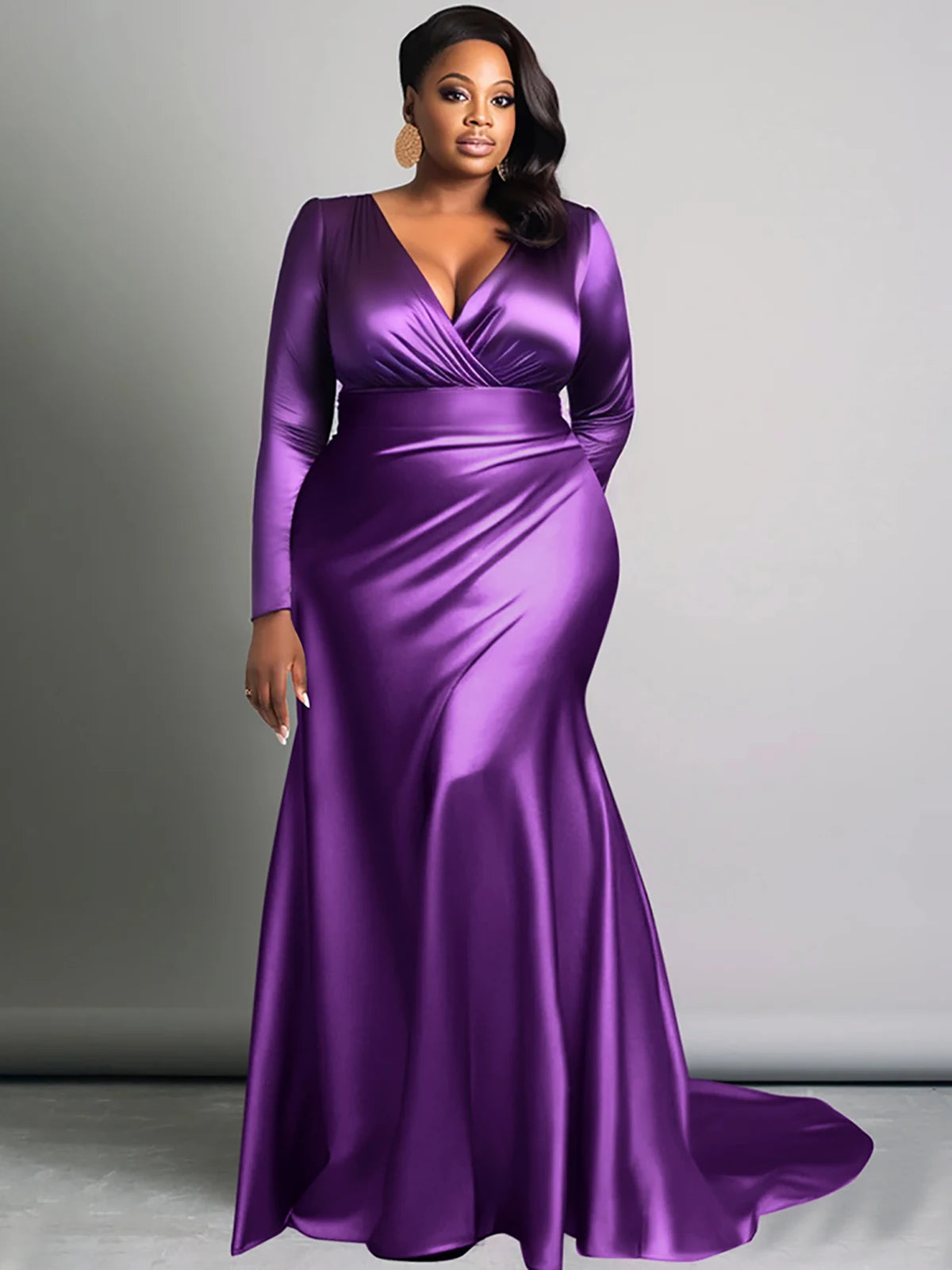 Plus Size Elegant Women Dress Solid V-Neck Long Sleeve High Waist Luxury Evening Gown Party Wedding Guest Fishtail Long Dresses