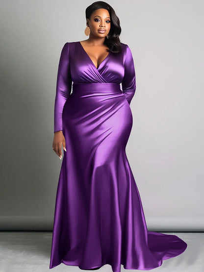 Plus Size Elegant Women Dress Solid V-Neck Long Sleeve High Waist Luxury Evening Gown Party Wedding Guest Fishtail Long Dresses