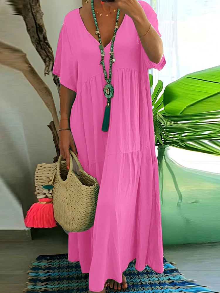 Plus-Size Women's Casual, Loose-Fitting, V-Neck Solid-Color Long Dress; Spring/Summer Pleated Plus-Size Women's Dress
