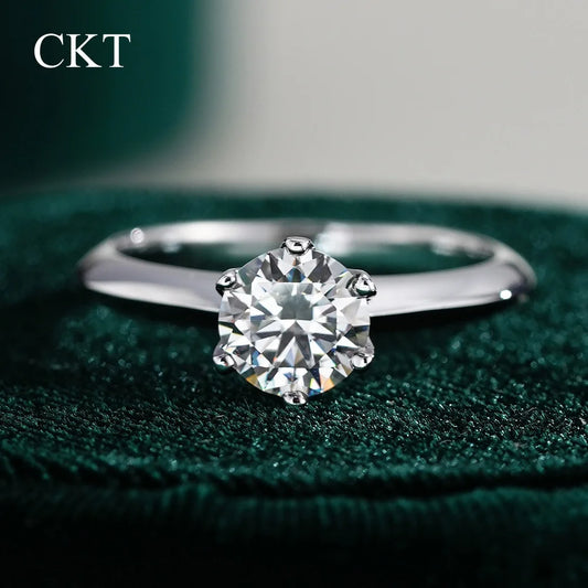 CKT Real 18k White Gold 0.5-5ct Diamond Moissanite Rings for Women Classic Six-Claw Crown Proposal Platinum Pt950 Bands Jewelry