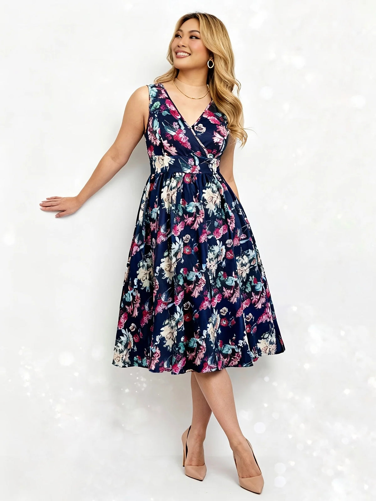Plus Size Navy Floral Print Dress, Retro Sleeveless Flared Midi Dress with Cinched Waist