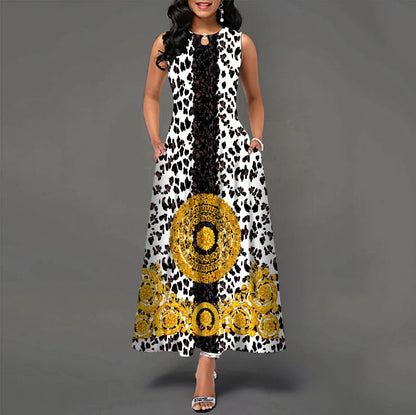 Women Plus Size Casual Retro Long Dress with Pockets Floral Print Swing Dress