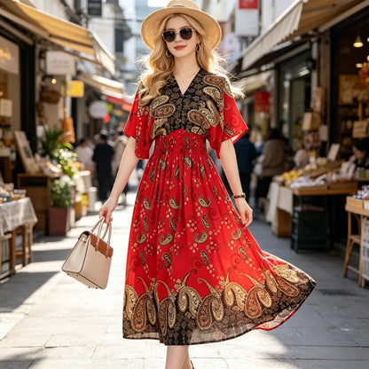 Plus Size Elegant Party Woman Midi Dresses Casual Retro Ethnic Style V-neck Tunic Large Swing Floral Printed Long Skirt Holiday