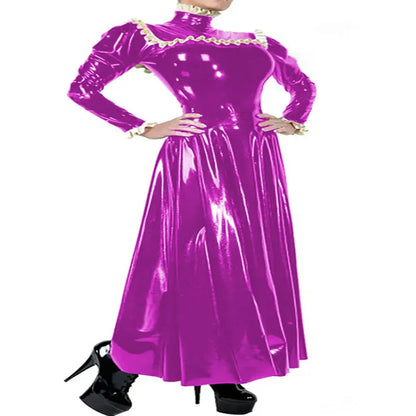 Plus Size Ladies Elegant Long Dress High Neck Ruched Trims Long Sleeved Vestidos Bodycon Back Zip Wetlook PVC Leather Ball Gowns