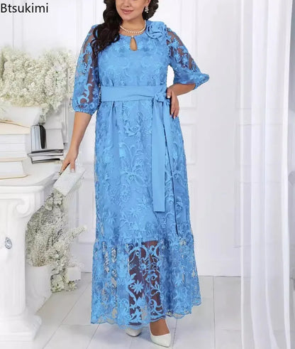 New Women's Elegant Lace Embroidery Cocktail Party Dresses Spring Plus Size Hollow Out Prom Gown Ladies Slim Formal Maxi Dress