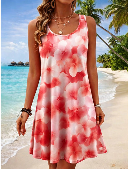 Plus Size Women's Round Neck Sleeveless Tropical 3d Print Casual A-Line Mini Dress, Beach Tank Dresses for Spring & Summer