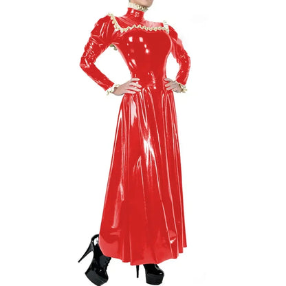 Plus Size Ladies Elegant Long Dress High Neck Ruched Trims Long Sleeved Vestidos Bodycon Back Zip Wetlook PVC Leather Ball Gowns