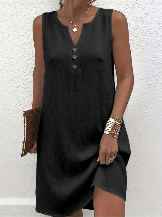 Chic Plus Size Women's Sleeveless V Neck Dress with Button Detail for Effortless Style