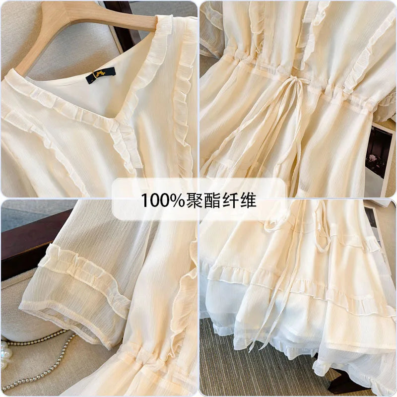 Plus Size 150Kg Women's New Summer Bust 148cm Loose V-Neck Short Sleeve Dress Black White 5XL 6XL 7XL 8XL 9XL 10XL