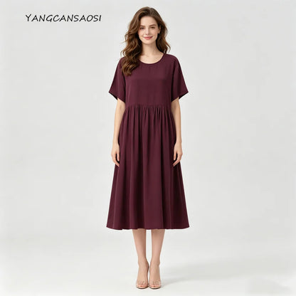 Plus Size Women's Casual Summer New Breathable 100% Natural Mulberry Silk Double Crepe Wine Red Round Neck Short Sleeved Dress