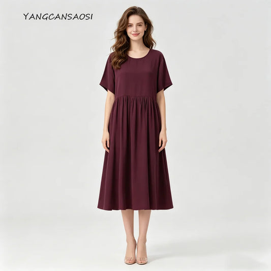 Plus Size Women's Casual Summer New Breathable 100% Natural Mulberry Silk Double Crepe Wine Red Round Neck Short Sleeved Dress