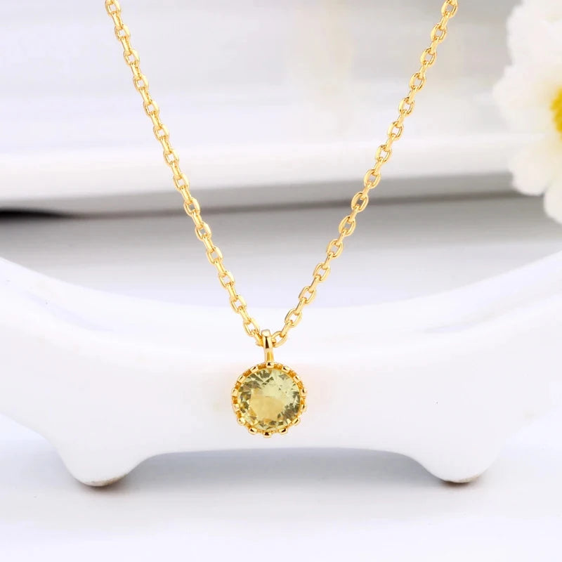 2026 New Gold Plated Crown Bezel Round Citrine Pendant Necklace Single Yellow Gem Dainty  Chain Choker For Women Jewelry