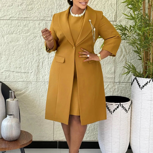 Plus Size Women 2 Piece Outfit Long Blazer Coat Matching Dress Set 3/4 Flare Sleeve Formal Wear Elegant Church Office Lady Suit
