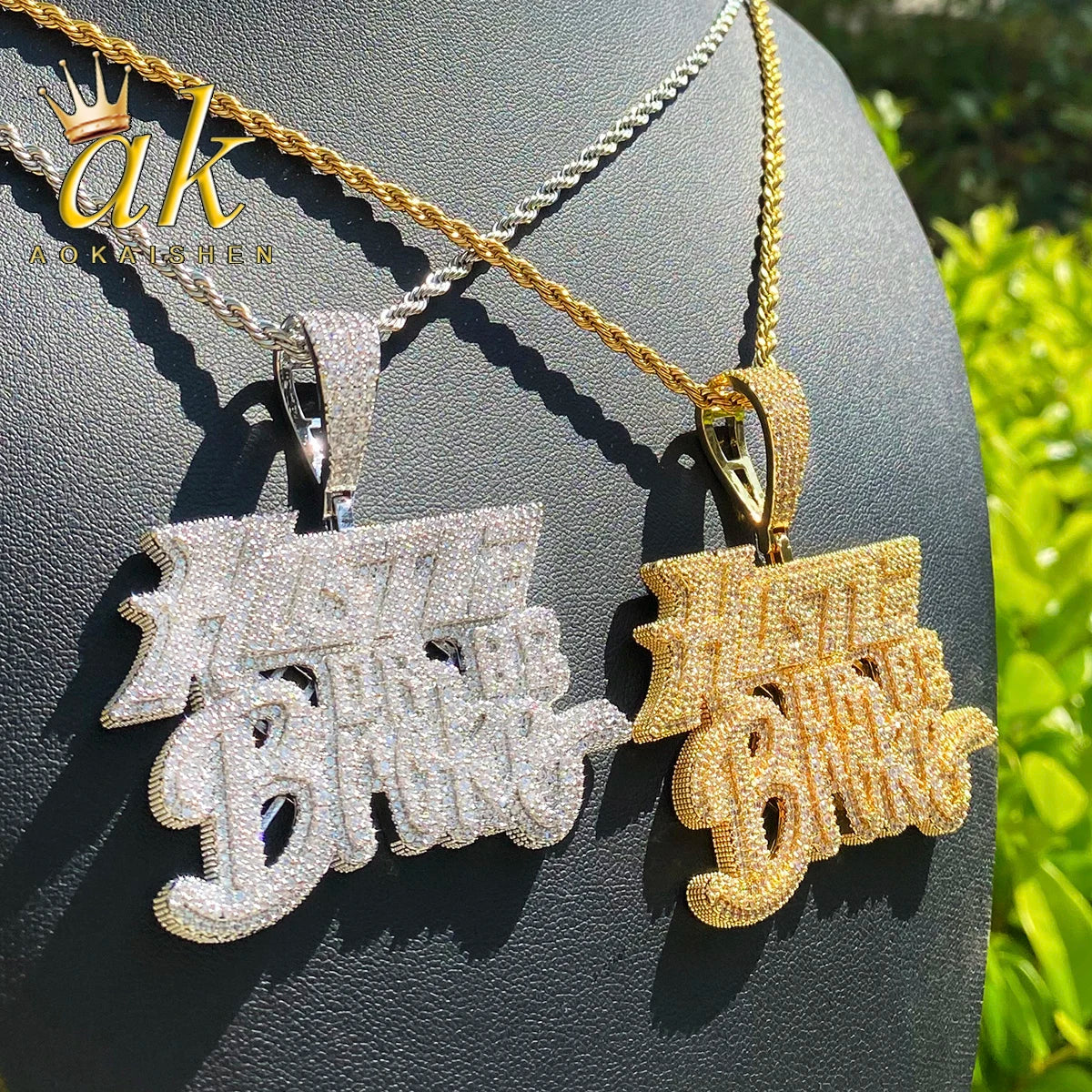Aokaishen Iced Out Hustle Or Be Broke Necklace Pendant for Men Prong Setting Real Gold Plated Hip Hop Jewelry