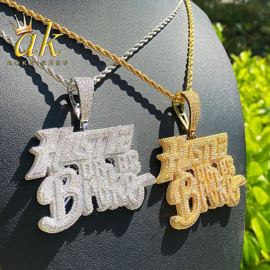 Aokaishen Iced Out Hustle Or Be Broke Necklace Pendant for Men Prong Setting Real Gold Plated Hip Hop Jewelry