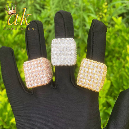 Aokaishen Iced Out Square Ring for Men Real Gold Plated Cubic Zirconia Hip Hop Jewelry