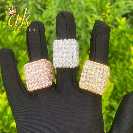 Aokaishen Iced Out Square Ring for Men Real Gold Plated Cubic Zirconia Hip Hop Jewelry