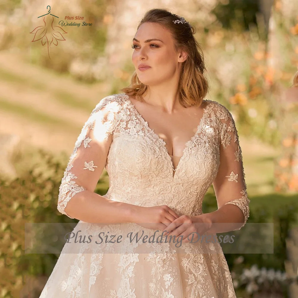 Customized Wedding Dresses Plus Size V Neck 3/4 Sleeves Bride Gowns Appliques Lace up Sweep Train Tulle A-Line Robe De PSL98009
