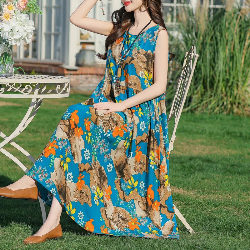 Plus Size Women Dress 2025 Summer Long Dress Vintage Loose Casual Elegant  Sleeveless Dress Women