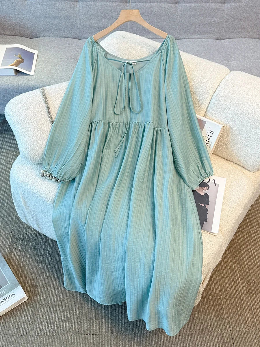 150Kg Plus Size Women's Bust 151 Autumn Solid Color Strap Casual Style Square Neck Long Sleeved Dress 5XL 6XL 7XL 8XL 9XL