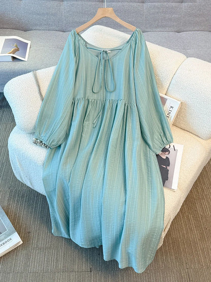 150Kg Plus Size Women's Bust 151 Autumn Solid Color Strap Casual Style Square Neck Long Sleeved Dress 5XL 6XL 7XL 8XL 9XL