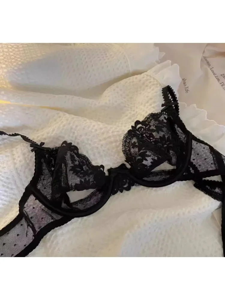 Ultra Thin Bra Set for Petite Chest: Anti-Sag Soft Wire Uplift, Sheer French Lace Bralette & Briefs, Plus Size Women 32 - 38 A B