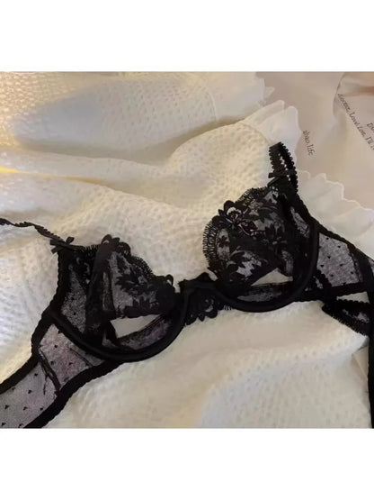 Ultra Thin Bra Set for Petite Chest: Anti-Sag Soft Wire Uplift, Sheer French Lace Bralette & Briefs, Plus Size Women 32 - 38 A B