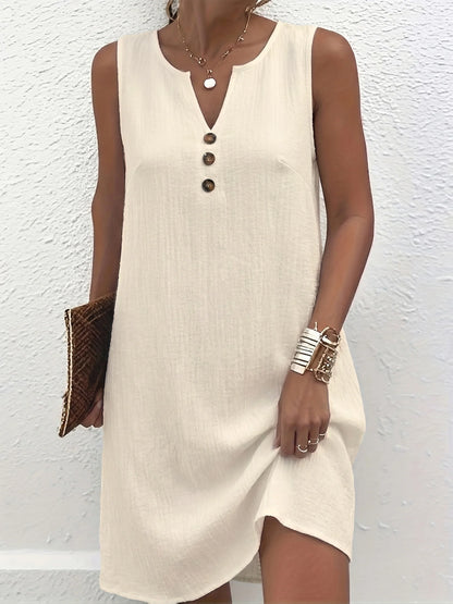 Chic Plus Size Women's Sleeveless V Neck Dress with Button Detail for Effortless Style