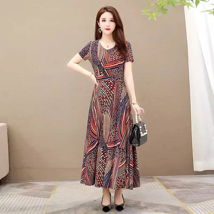 Women's Plus Size Print Dress Summer Mid-Age Mother Loose Long Flared Skirt Elegant Knee Length Dress