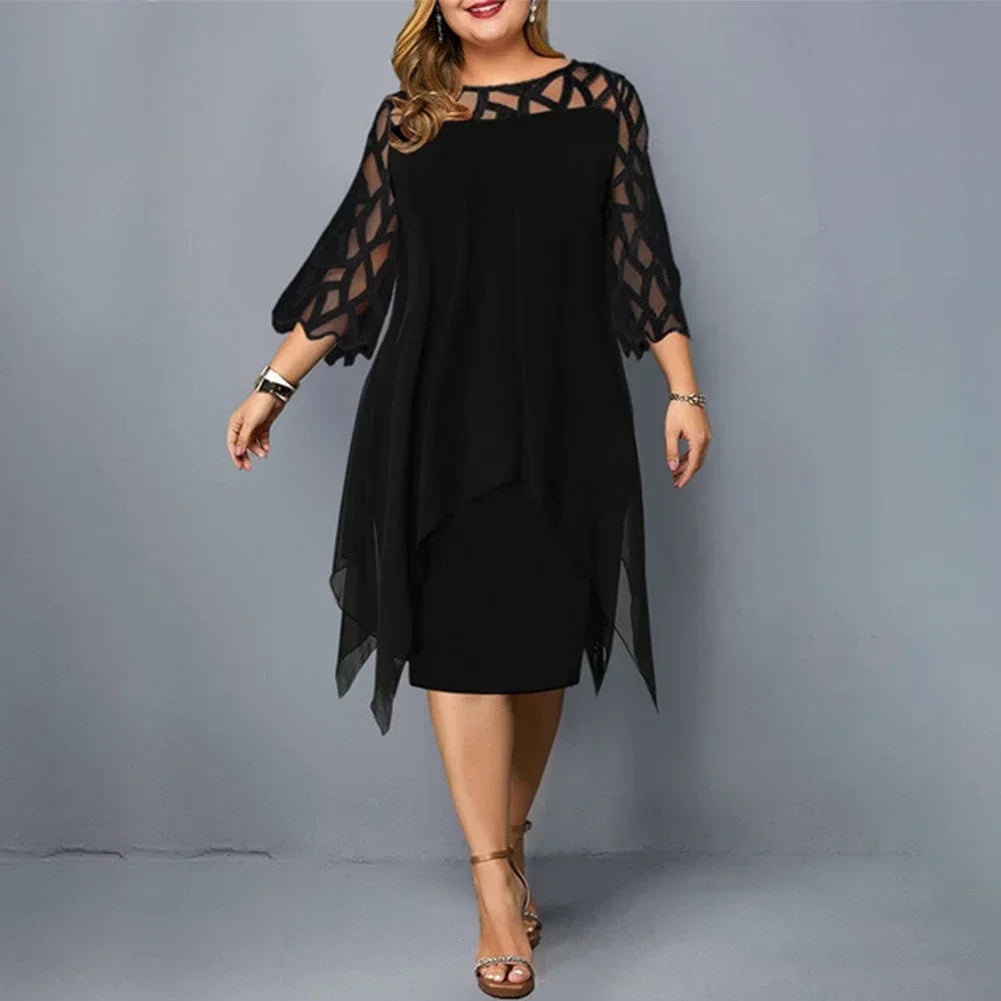 Elegant Women Party Dress Plus Size Evening Dresses Hollow Out Lace Sleeve Monochrome Irregular Hem Chiffon Dress