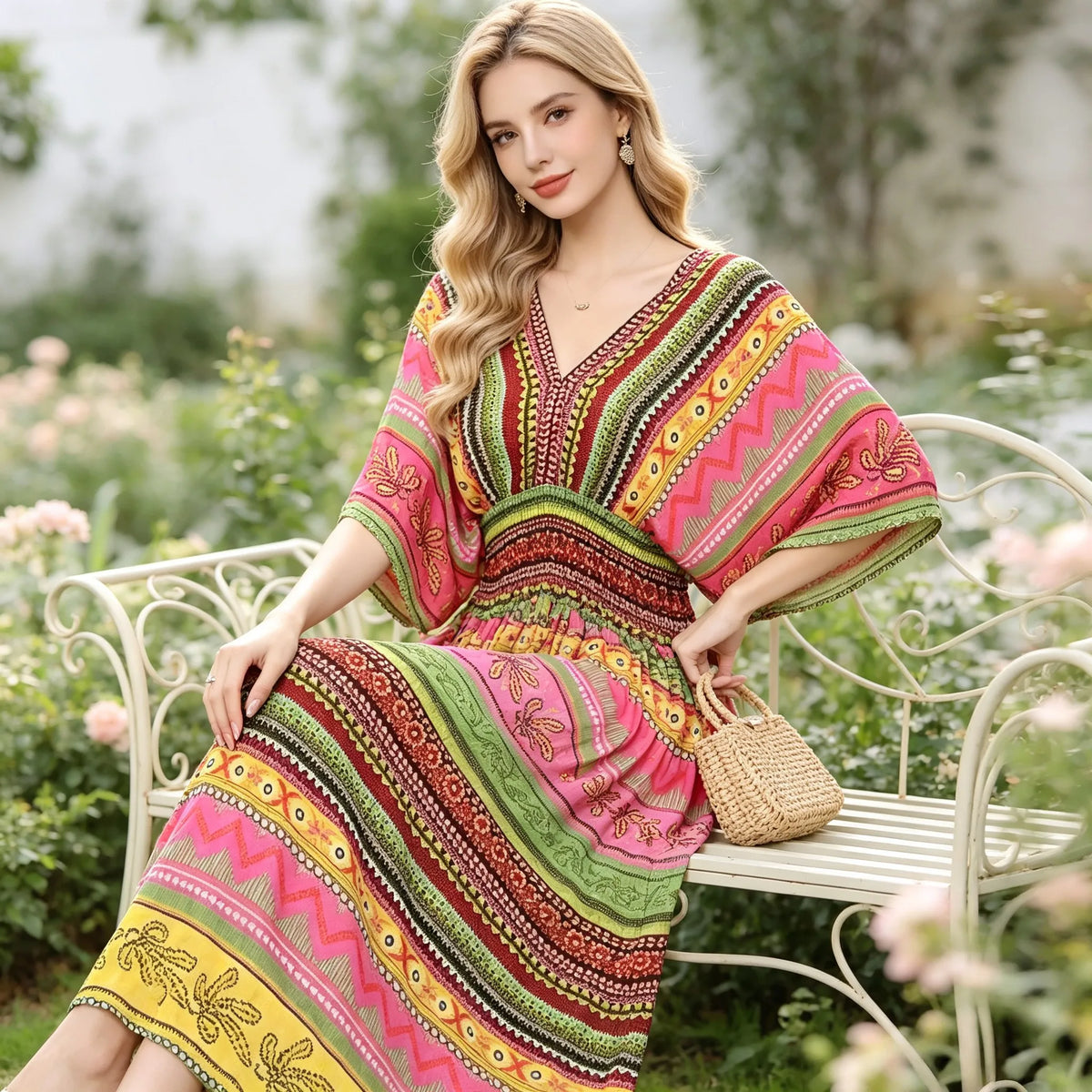Plus Size Elegant Party Woman Midi Dresses Casual Retro Ethnic Style V-neck Tunic Large Swing Floral Printed Long Skirt Holiday
