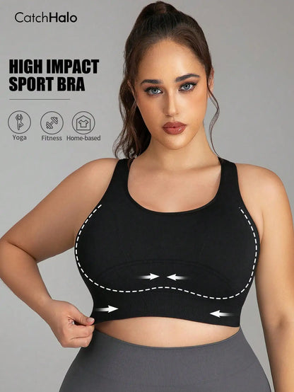 Plus Size Racerback Sports Bra Women Wide Strap Removable Pads Wireless Gym Yoga Bra Breathable Fitness Workout Crop Top